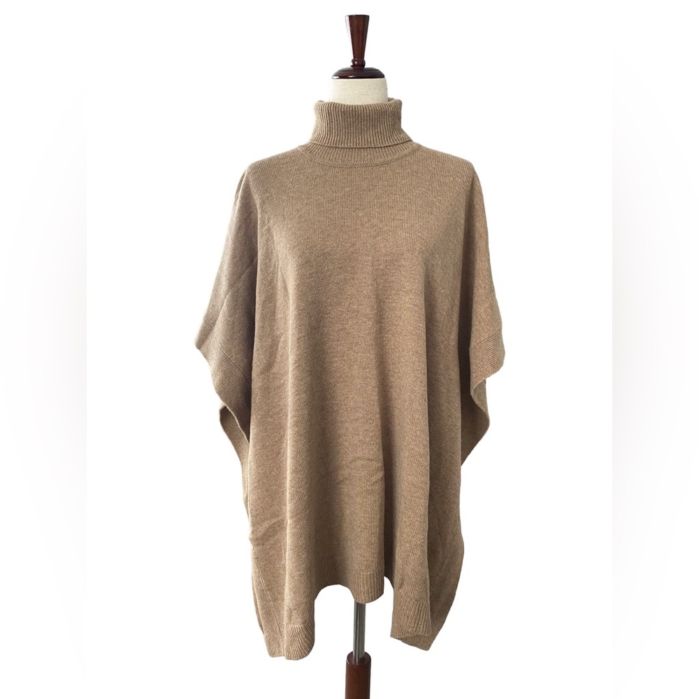 NWT Boss Turtleneck Poncho Camel One Size Virgin Wool Cashmere Cape Sweater